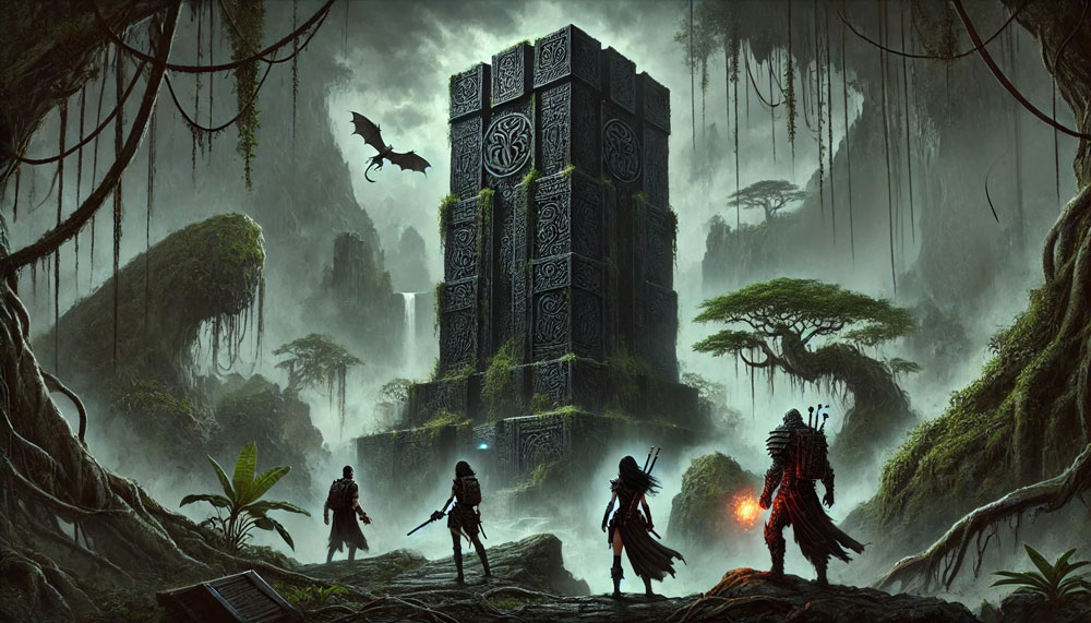 The Black Tower looms ahead as four adventurers stop to take in the sturcture.