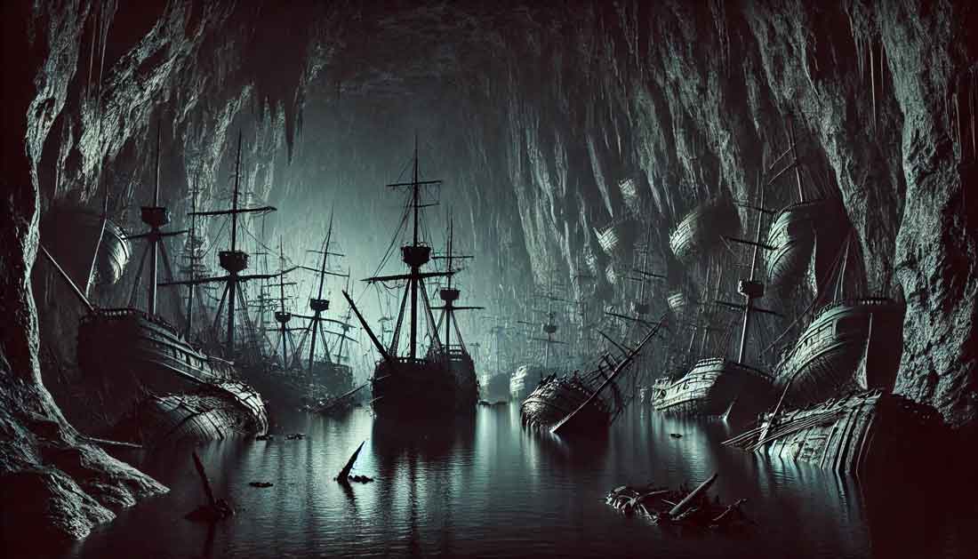 The Cave of Shadows, a dark cavern filled with undead ships, looms ominously in the dim light.